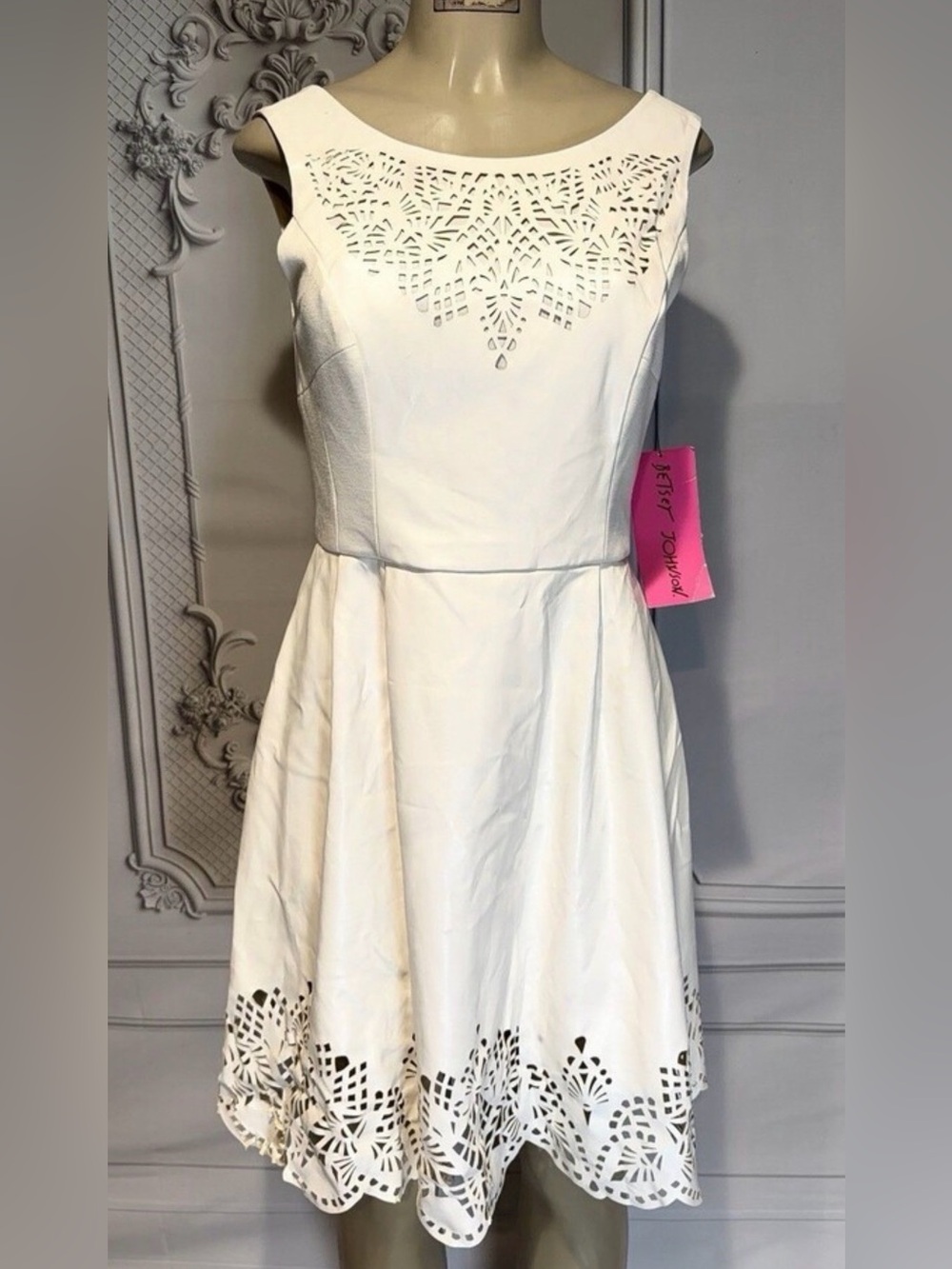 Betsey Johnson White Laser-Cut Fit & Flare Midi Dress